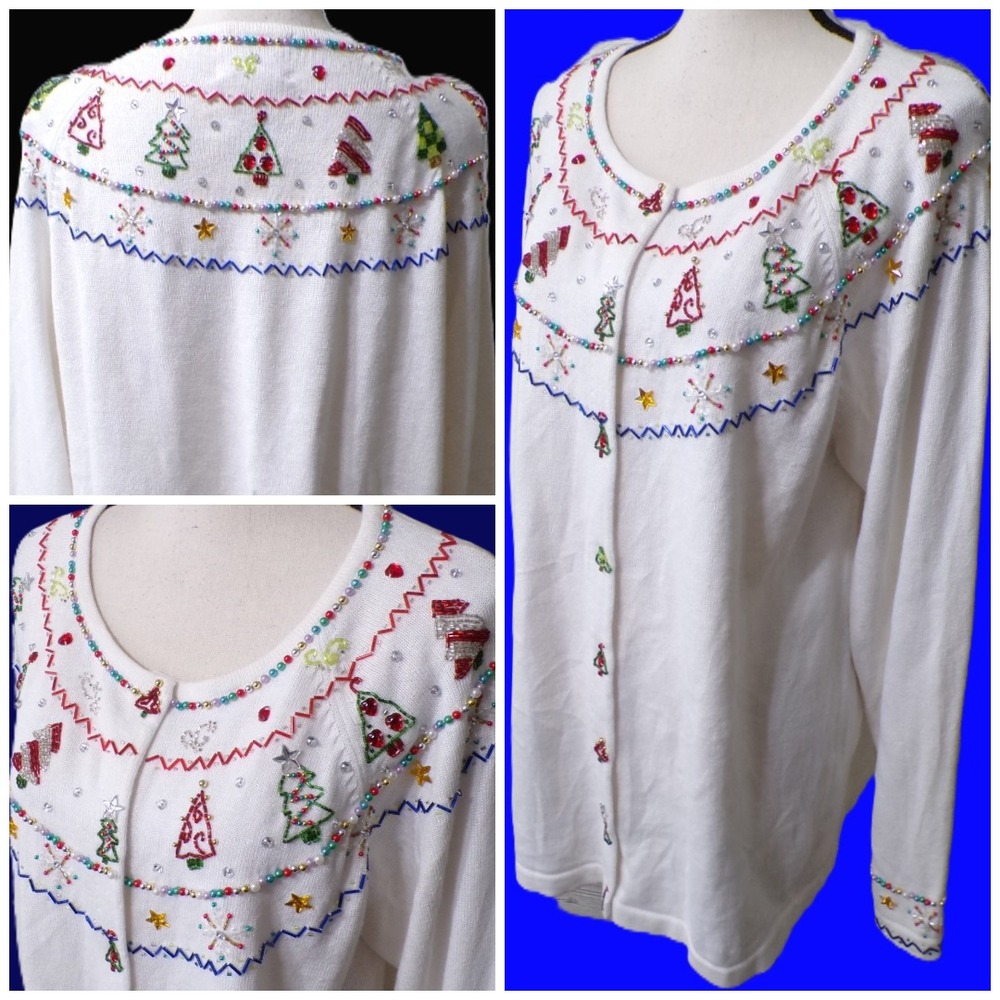 Quaker Factory Cardigan 1X Sweater White Christmas bling Beads Stars Trees Nice